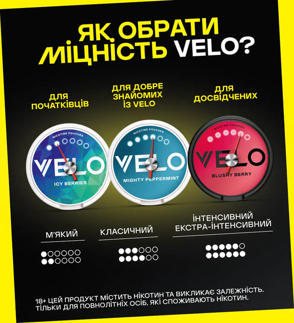 Як обрати VELO? 1-2 крапки - для початківців, 3-4 крапки - класичний, 5-6 крапок - інтенсивний, екстра-інтенсивний
