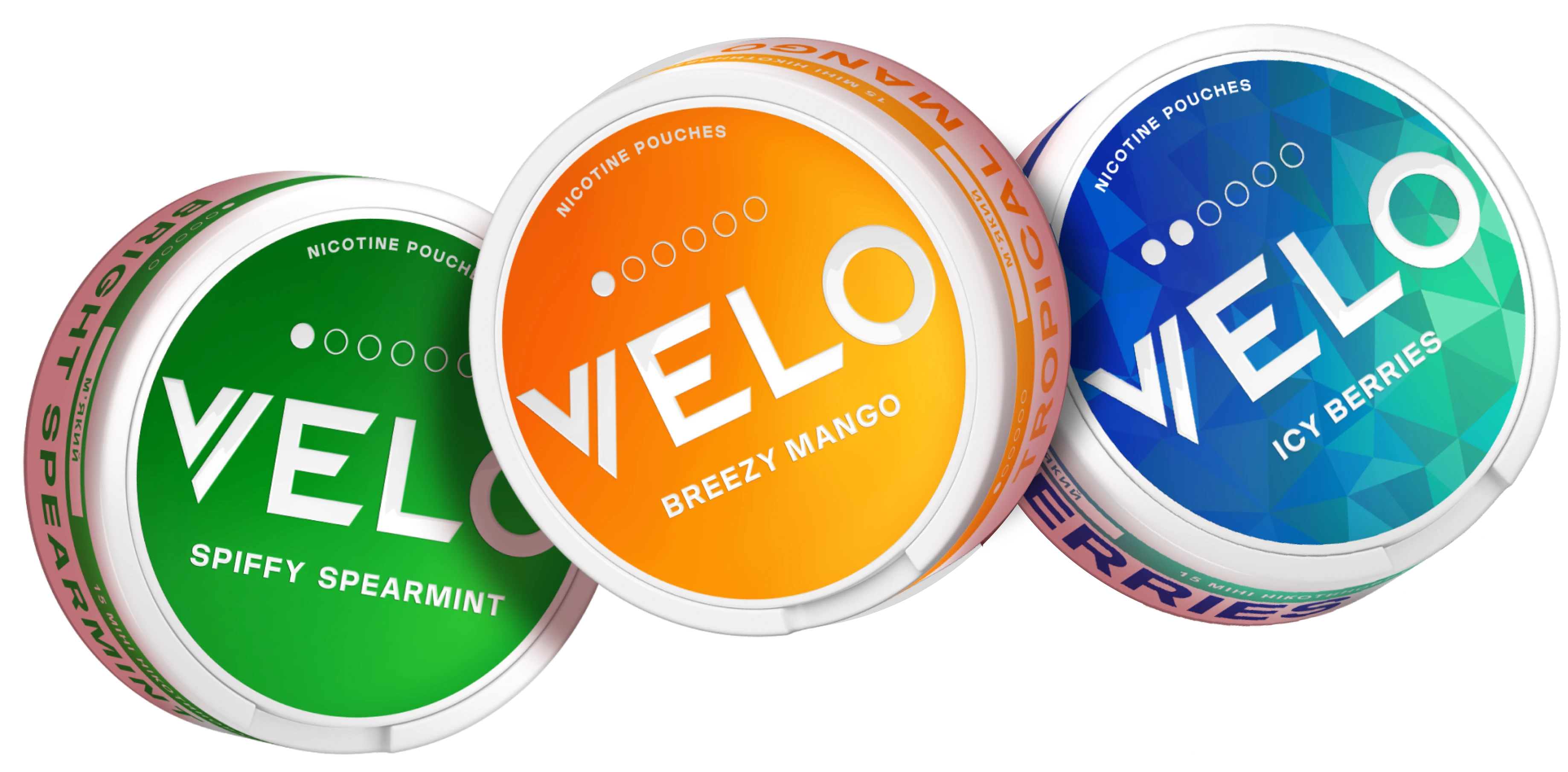 На зображенні показано банчоки Velo а саме Bright Spearmint, Tropical Mango, Smooth Peppermint, Groovy Grape Icy Berries