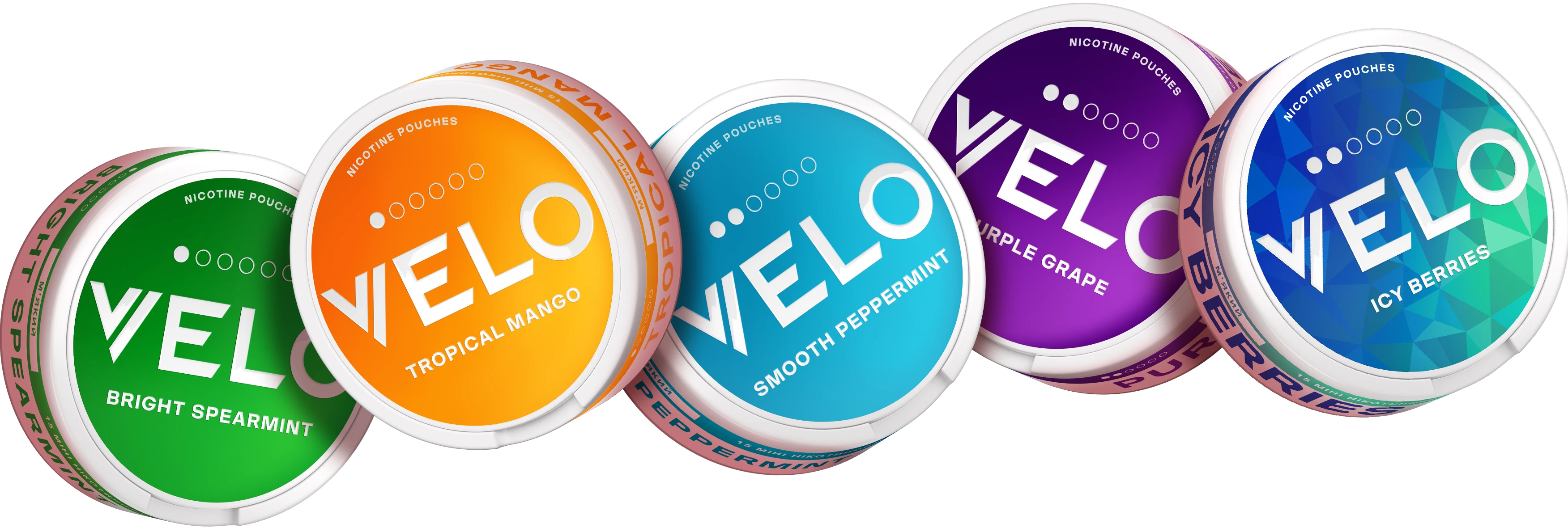 На зображенні показано банчоки Velo а саме Bright Spearmint, Tropical Mango, Smooth Peppermint, Groovy Grape Icy Berries