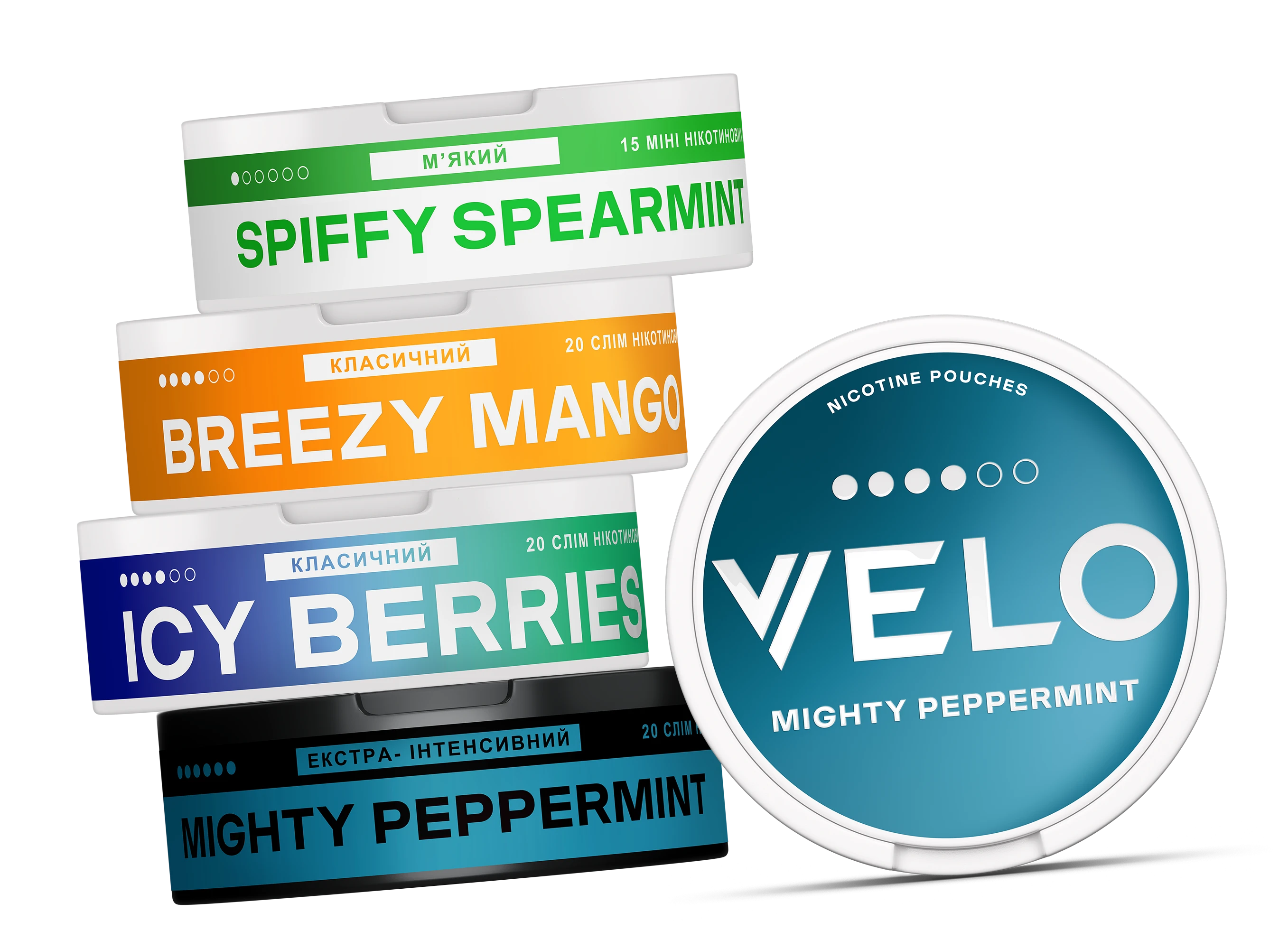 На зображенні зображенні баночки VELO, а саме Spiffy Spearmint, Breezy Mango, Icy Berries, Mighty Peppermint