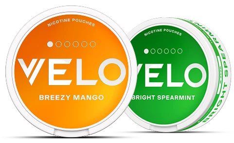 На зображенні показано рекламний банер з баночками VELO Breezy Mango та VELO Spiffy Spearmint 