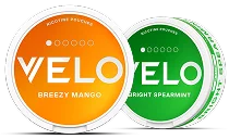 На изображении показаны баночки VELO Breezy Mango, Spiffy Spearmint